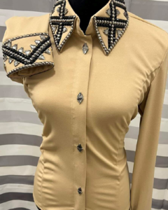 Beige Western Show Shirt with Silver and Black Applique
