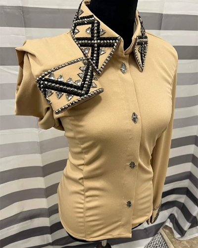 Beige Western Show Shirt with Silver and Black Applique