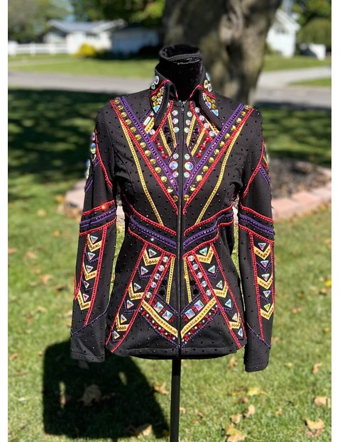 Black Base Showmanship Jacket with Red, Purple and Golden Applique