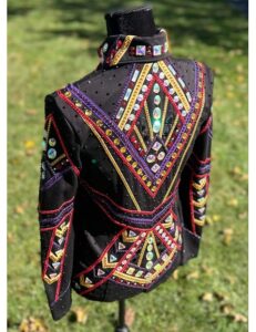 Black Base Showmanship Jacket with Red, Purple and Golden Applique