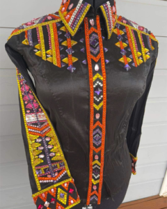 Black Base Western Show Shirt with Orange & Yellow AppliqBlack Base Western Show Shirt with Orange & Yellow Applique – Custom Western Apparelue