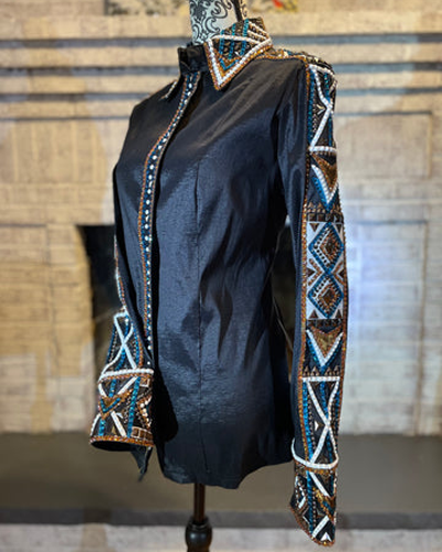 Black Base Western Show Shirt with White, Blue and Copper Applique