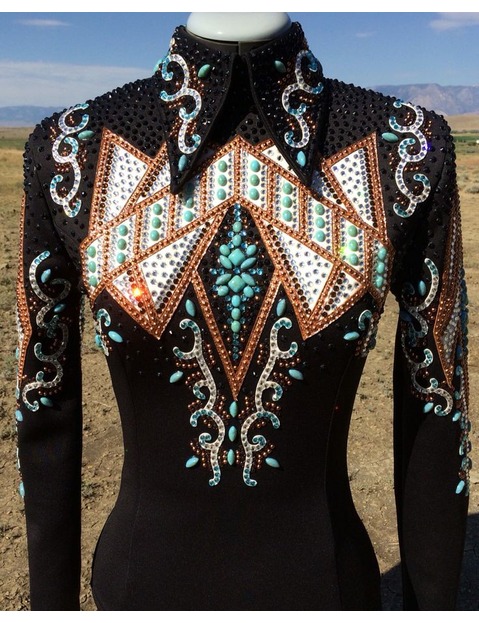 Exquisite Black Showmanship Jacket with Elegant White, Copper, and Blue Applique