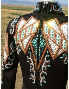 Exquisite Black Showmanship Jacket with Elegant White, Copper, and Blue Applique