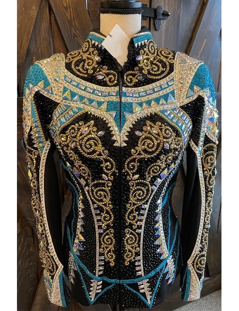 Blue Silver and Golden Applique Showmanship JackeBlue, Silver, and Golden Applique Showmanship Jacket on Black Base – Premium Western Show Apparelt on Black Base