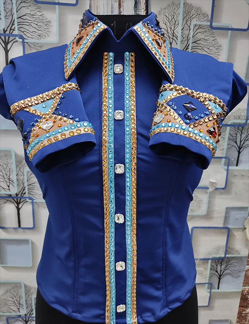 Violet-Blue Western Show Shirt with Golden Accents – Elegant Western Show Apparel for Competitions