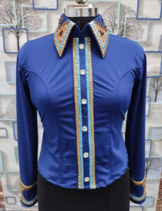 Violet-Blue Western Show Shirt with Golden Accents – Elegant Western Show Apparel for Competitions