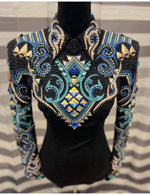 Blues and Golden Applique Showmanship Jacket on Black base