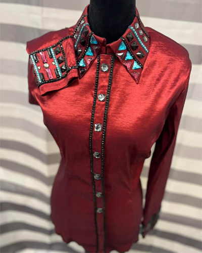 Burnt Red Western Show Shirt | Blue & Black Crystal Embellished Show Top | Western Show Outfit Apparel