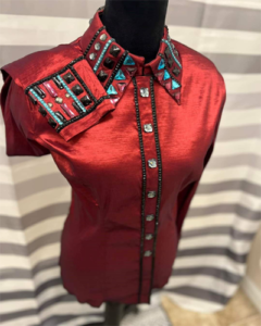 Burnt Red Western Show Shirt | Blue & Black Crystal Embellished Show Top | Western Show Outfit Apparel