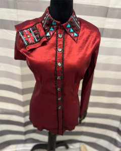 Burnt Red Western Show Shirt | Blue & Black Crystal Embellished Show Top | Western Show Outfit Apparel