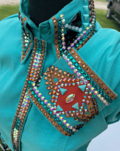 Cyan Western Show Shirt with Blue and Brown Essence