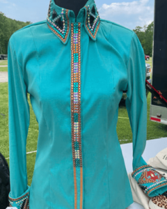 Cyan Western Show Shirt with Blue and Brown Essence
