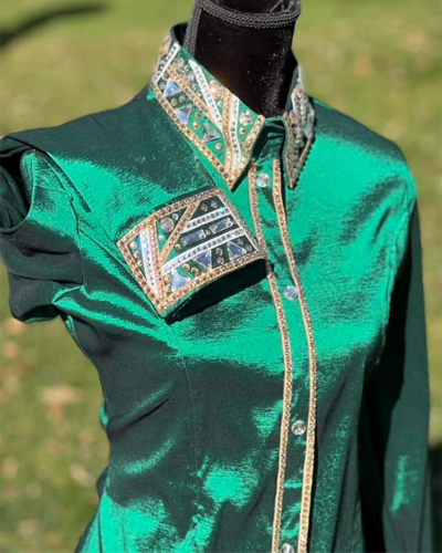 Emerald Green Western Show Shirt | Luxury Silver & Gold Crystal Embellished Top