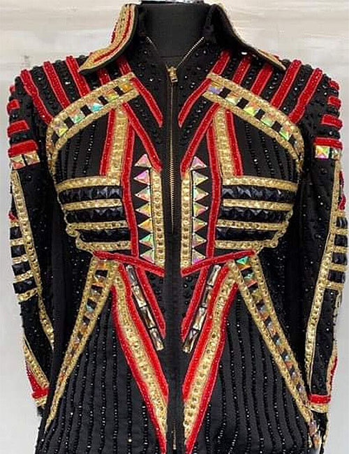 Golden and Red Rodeo Queen Show Jacket With Black Base