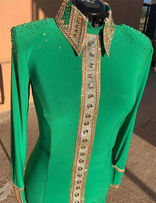 Green with Golden Western Show Shirt – Elegant Rhinestone Western Show Outfit Apparel