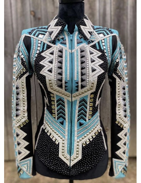 Moonstone Blue with Silver and Black Applique Showmanship Jacket on Black Base Sophisticated Western Show Attire