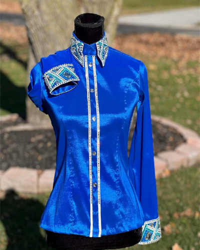 Navy Blue Western Show Shirt with Silver and Blue Applique