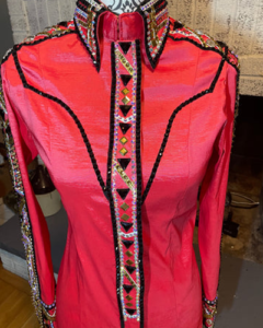 Pink Base Western Show Shirt with Black Gold and Silver Applique