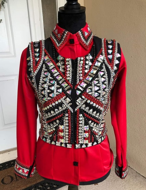 Red Western Show Vest with Shirt Bolero Show Vest