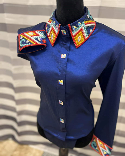 Royal Blue Base Western Show Shirt with Yellow Blue & Red Applique