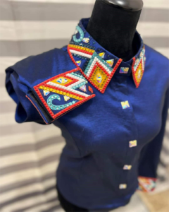Royal Blue Base Western Show Shirt with Yellow Blue & Red Applique