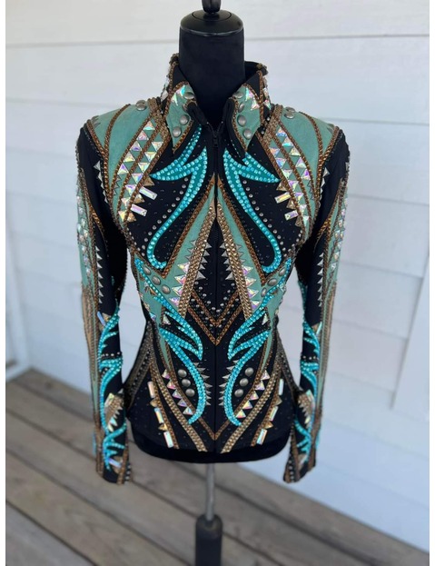 Spanish Green, Blue and Golden Applique Showmanship Jacket on Black base