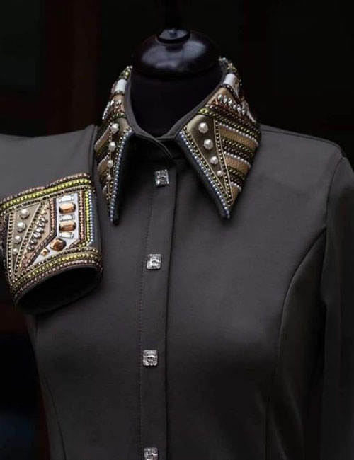 Luxury Black Western Show Shirt | Copper Crystal Western Show Top with Premium Details