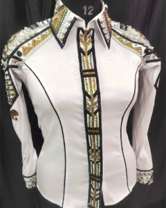 White Base Western Show Shirt with Black and Golden Applique – Western Show Apparel