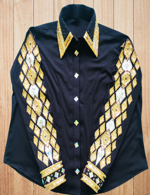 Black with Golden Western Show Shirt – Elegant Western Show Apparel with Rhinestone Embellishments