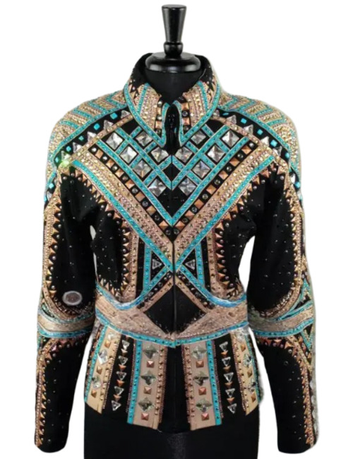 Luxury Crystal Embellished Western Show Jacket - Turquoise & Gold Geometric Pattern