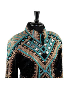 Luxury Crystal Embellished Western Show Jacket - Turquoise & Gold Geometric Pattern