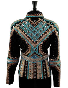 Luxury Crystal Embellished Western Show Jacket - Turquoise & Gold Geometric Pattern