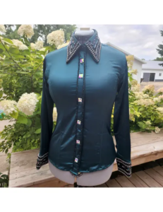 Crystal-Embellished Western Show Shirt in Teal Satin