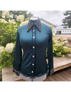 Crystal-Embellished Western Show Shirt in Teal Satin