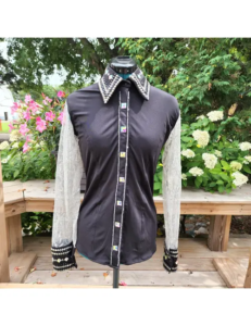 Dazzling Black Elegance with Crystal Lace Sleeve Show Shirt
