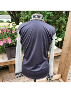 Elegant Navy Show Shirt with Crystal Mesh Sleeves