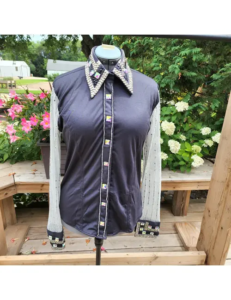 Elegant Navy Show Shirt with Crystal Mesh Sleeves