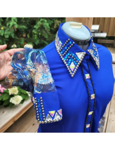 Luxury Royal Blue Show Shirt with Abstract Art Mesh Sleeves