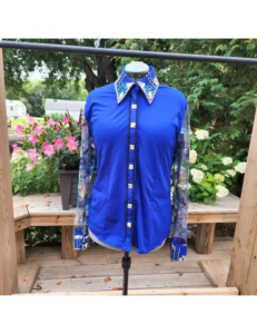 Luxury Royal Blue Show Shirt with Abstract Art Mesh Sleeves