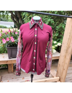 Dazzling Burgundy Radiance Show Shirt with Crystal Lace Sleeves