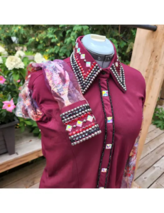 Dazzling Burgundy Radiance Show Shirt with Crystal Lace Sleeves